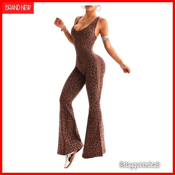 Large Polyester Jumpsuit with Scoop Neck Backless Flare Leg Yoga Romper